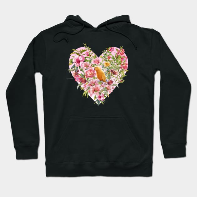 Pink Floral Heart with Yellow Parrot Hoodie by Biophilia
